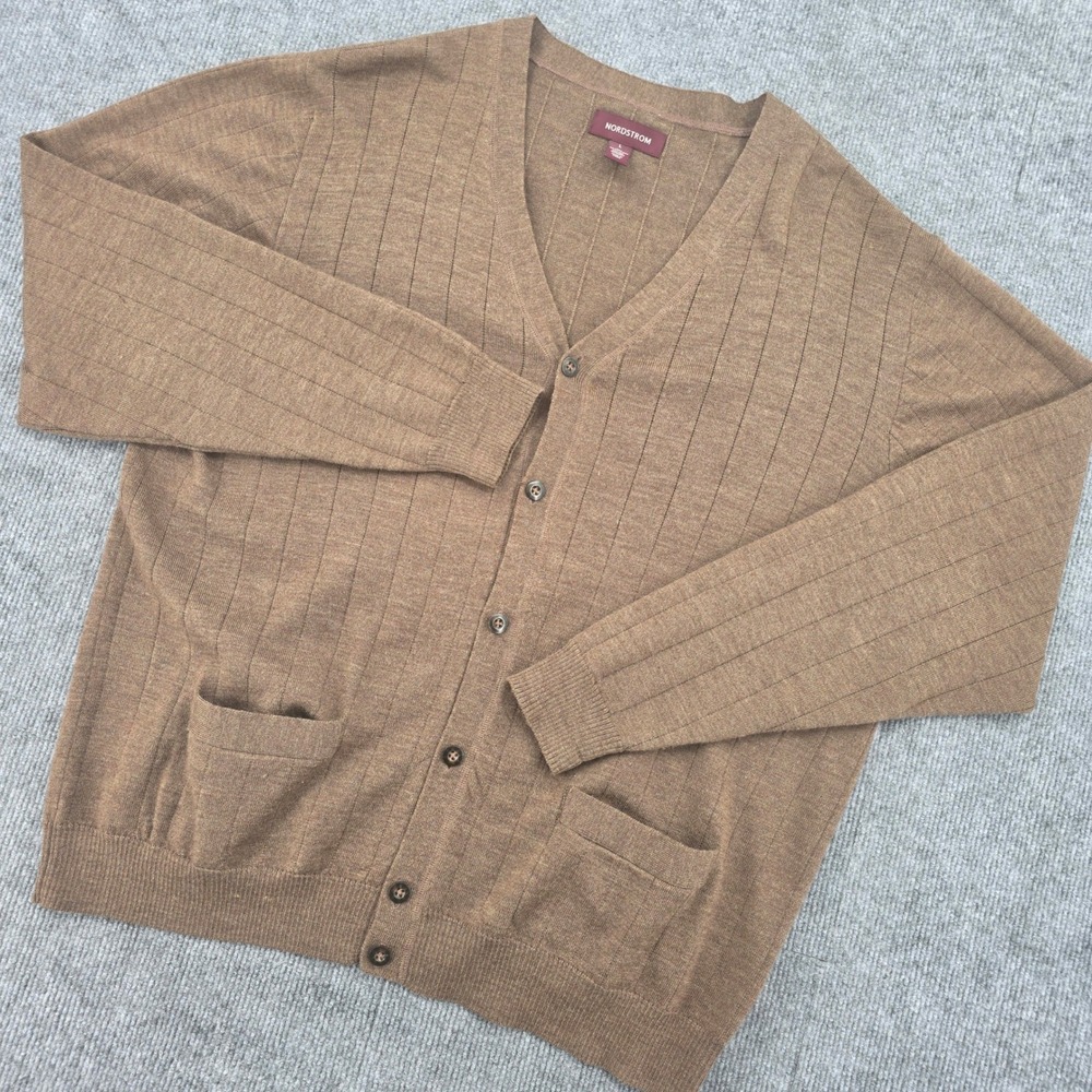 Nordstrom Mens Extra Fine Merino Wool Cardigan Sweater Brown Large V-Neck Ribbed